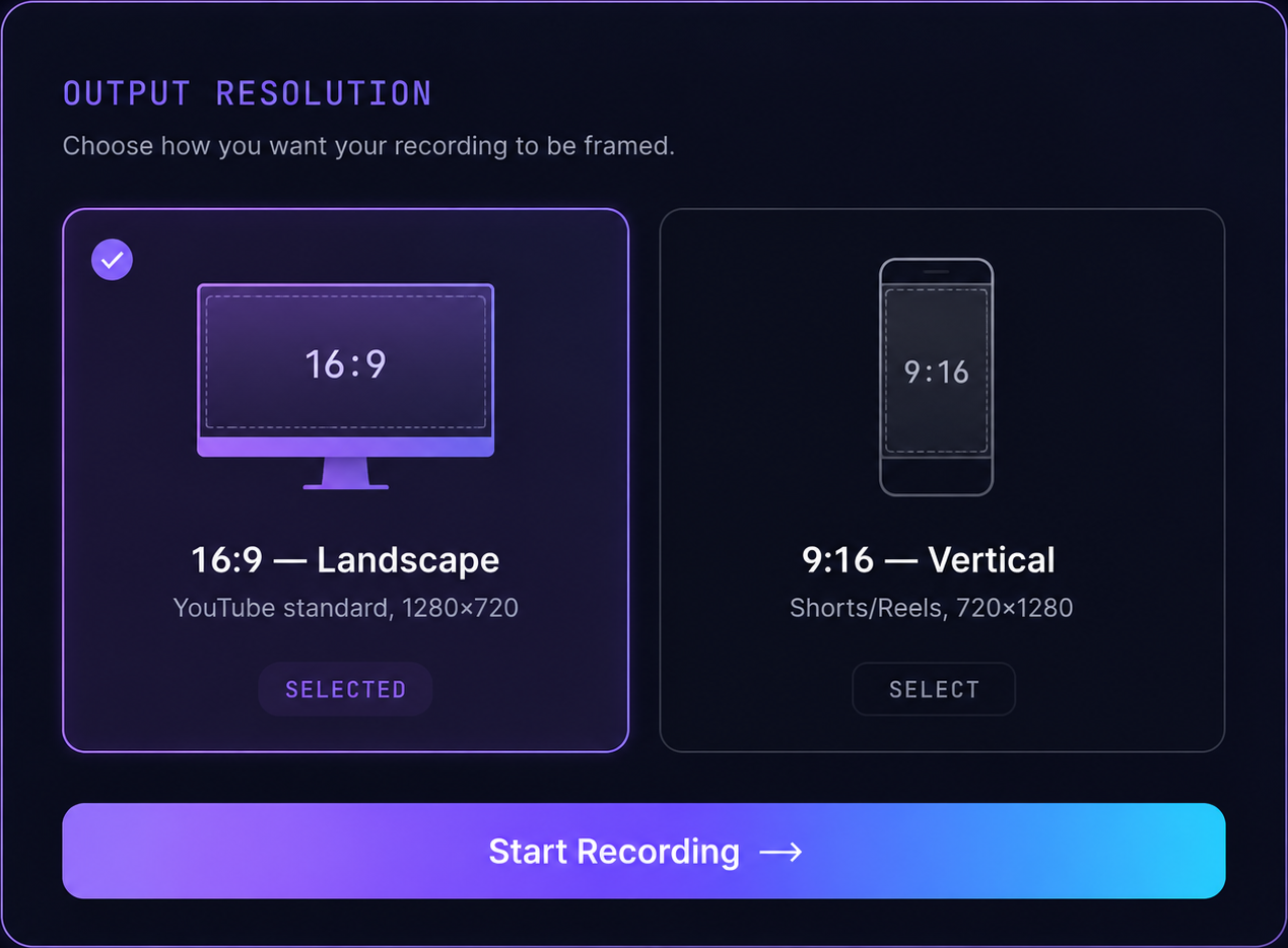 Choosing 16:9 landscape or 9:16 vertical output resolution before recording — ViStudioAI Studio