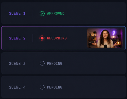 Scene list showing Scene 1 approved, Scene 2 recording, Scene 3 and 4 pending — ViStudioAI Studio