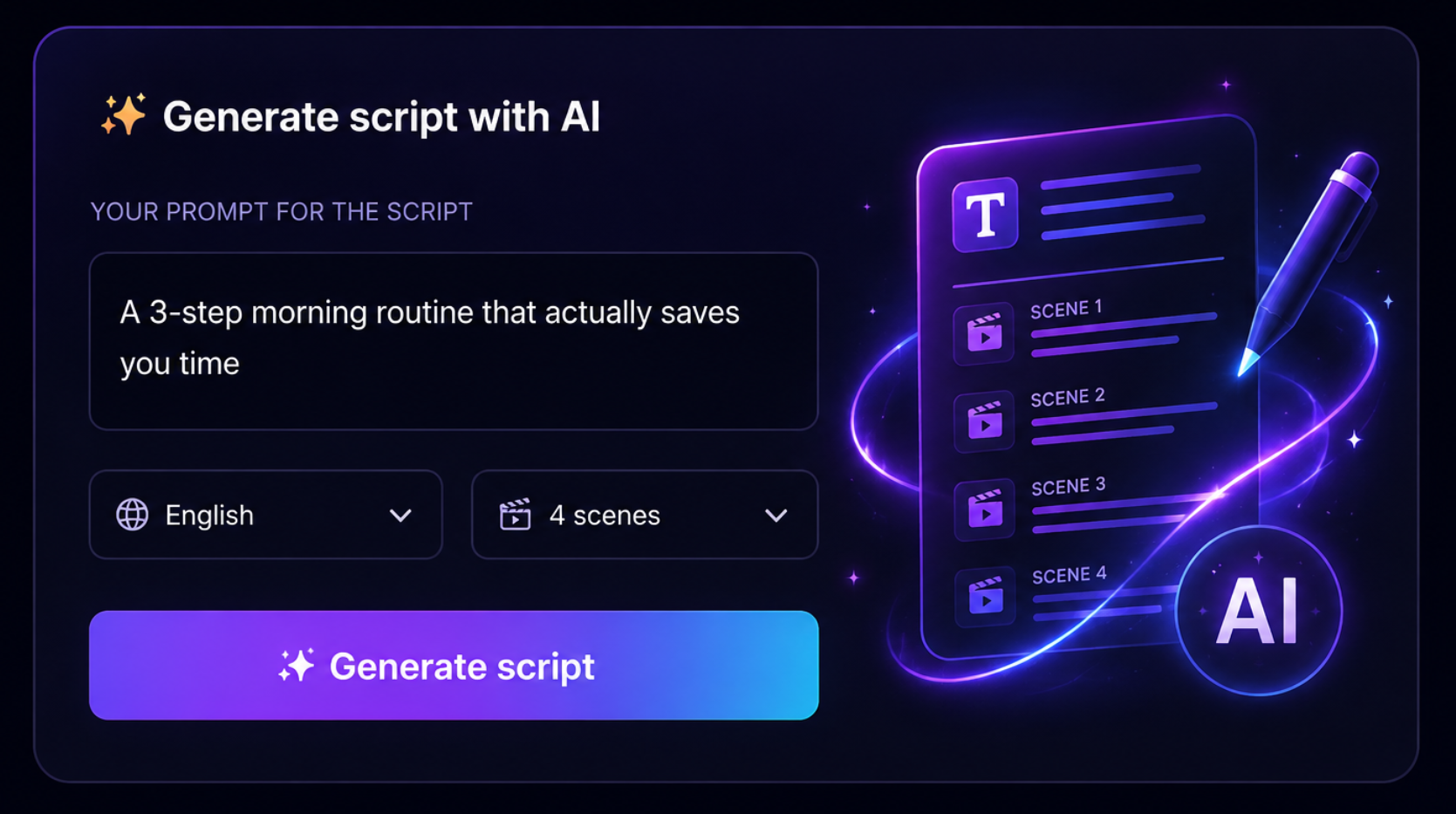 Generate Script with AI modal, showing a topic prompt, language, and scene count before writing a ready-to-record script — ViStudioAI Studio
