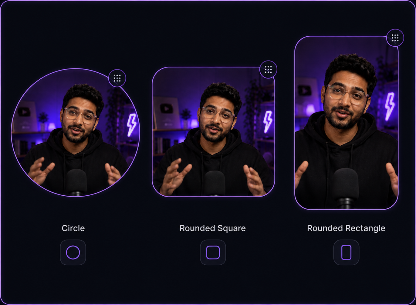 Webcam bubble shape options — circle, rounded square, rounded rectangle — ViStudioAI Studio