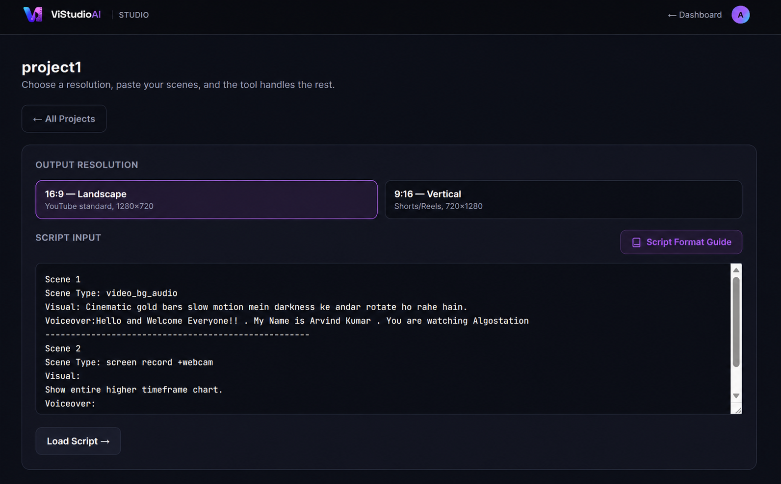 Paste your script — ViStudioAI Studio
