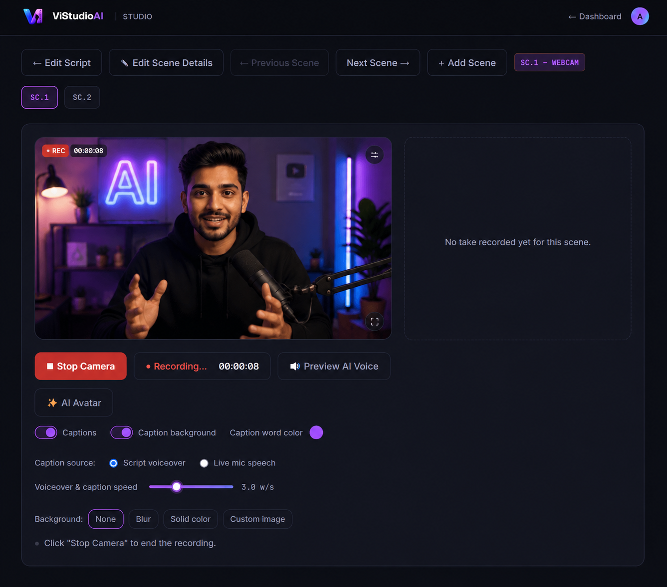 Record with live captions or create your own AI Avatar — ViStudioAI Studio